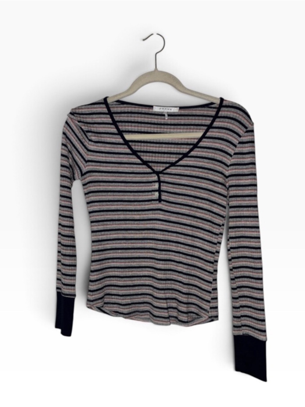 Frame Striped V-Neck Long Sleeve Top Navy/Pink Sz S